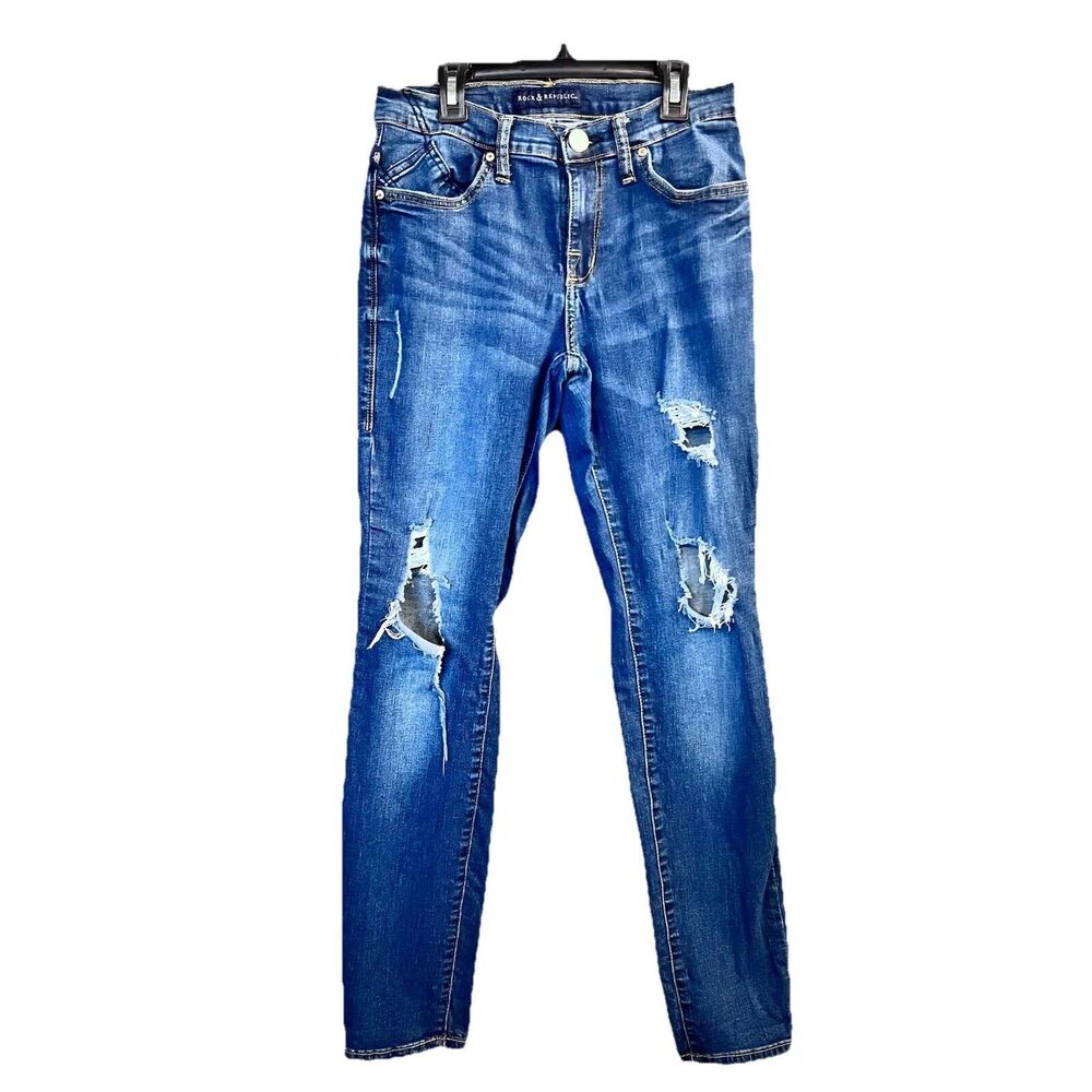 Rock & Republic Jeans Women's 8M Blue Berlin Ankle Distressed Dark Denim Flaw